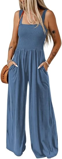 Women's Casual Loose Overalls Jumpsuits One Piece Sleeveless Wide Leg Long Pant Rompers With Pockets