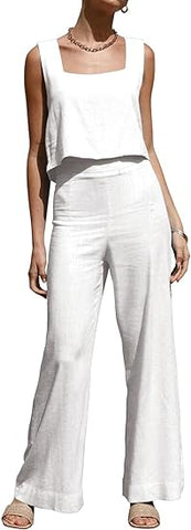 Women's Summer 2 Piece Outfits Sleeveless Square Neck Tops Wide Leg Pants set Jumpsuit with Pockets