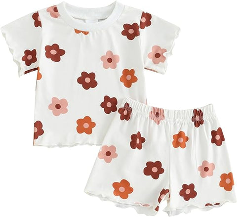 Toddler Baby Girls Summer Outfits Daisy Ruffle Short Sleeve T-Shirts Tops Floral Shorts 2Pcs Clothes Set 6M-4T