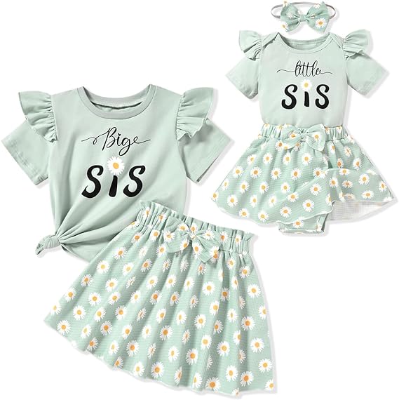 Big Sister Little Sister Matching Outfits,Toddler Baby Girl T-shirt/Romper Skirt Clothes Set