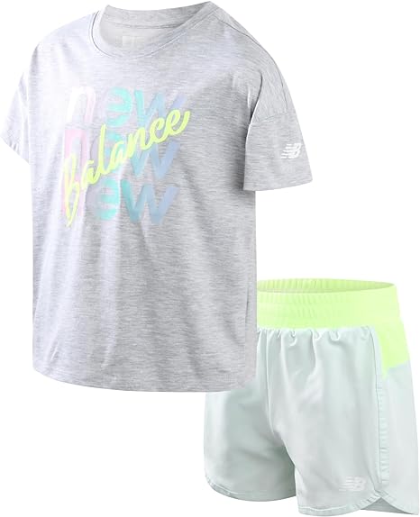 New Balance Girls' Active Shorts Set - 2 Piece Short Sleeve T-Shirt and Running Shorts