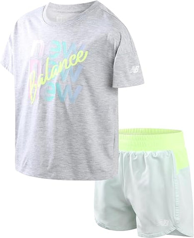 New Balance Girls' Active Shorts Set - 2 Piece Short Sleeve T-Shirt and Running Shorts