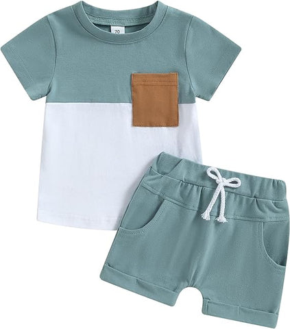 Toddler Baby Boy Summer Clothes Color Block Short Sleeve T-Shirt Tops Solid Shorts Set 2Pcs Infant Causal Outfits