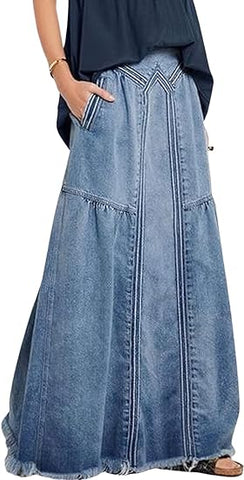 Women's Vintage Frayed Hem A Line Long Maxi Skirt Distressed Elastic High Waist Retro Jeans Skirt