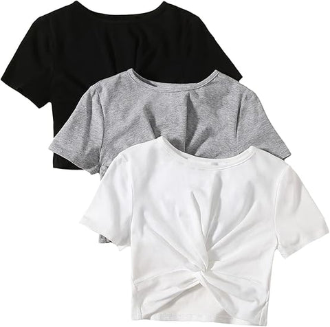 Girl's 3 Piece Twist Front Short Sleeve Crewneck Cropped T Shirt Crop Tops