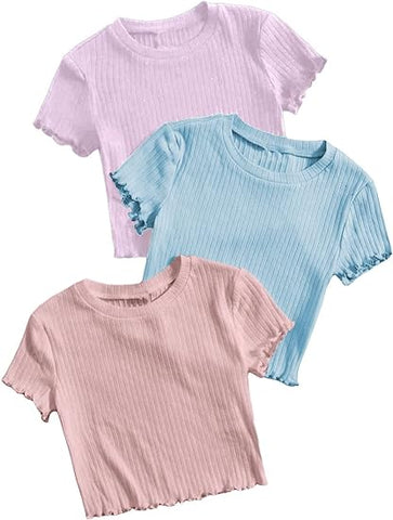 Girl's 3Pcs Rib-Knit Short Sleeve Crop Top Crew Neck Lettuce Trim Crop Tee Top