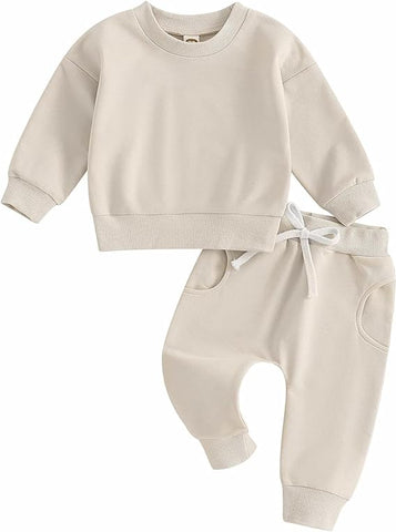 Baby Boys Girl Solid Color Outfit Sweatsuit Crewneck Sweatshirt Sweatpants Pants Set Fall Winter Clothes