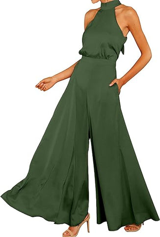 Womens Sleeveless Halter Tied Jumpsuit with Pockets High Waist Wide Leg Pants for Women