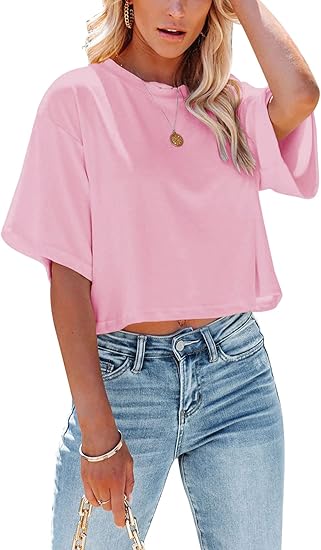 Yuccalley Women's Summer Crop Tops Short Sleeve Round Neck T-Shirt Basic Tees