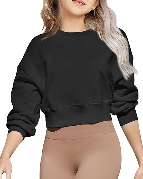 Girls Crew Neck Long Sleeve Cropped Sweatshirts Cute Loose Fit Pullover Tops