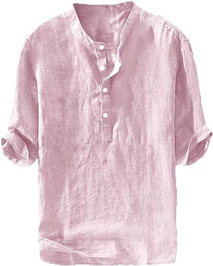 Mens Linen Shirts Henley 3/4 Sleeve Casual Cotton T-Shirt Regular-Fit Lightweight Beach Yoga Tunic Tops