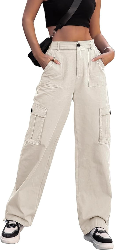 Women High Waisted Cargo Pants Wide Leg Casual Pants 6 Pockets Combat Military Trousers