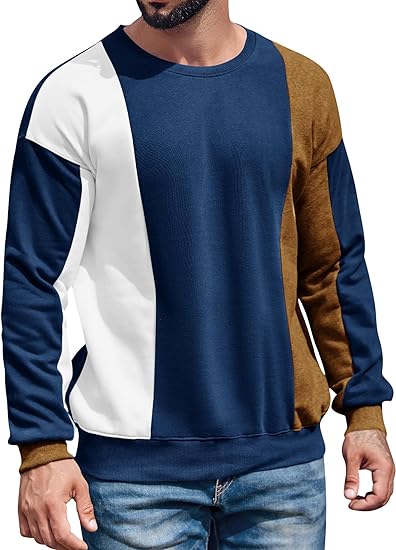 Mens Color Block Sweatshirt Pullover Crewneck Long Sleeve Fleece Casual Ribbed Patchwork Fall Tops