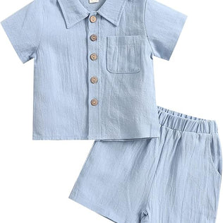 Toddler Baby Boys Clothes Set Button-Down Shirt Tops + Cotton Linen Shorts Summer Outfit 2PCS with Pockets