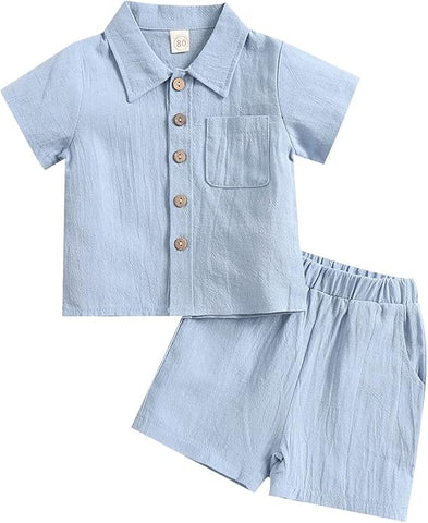 Toddler Baby Boys Clothes Set Button-Down Shirt Tops + Cotton Linen Shorts Summer Outfit 2PCS with Pockets