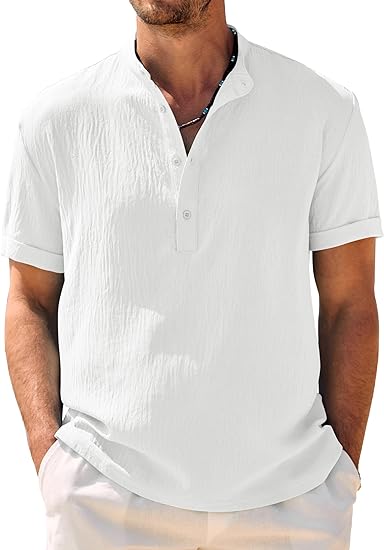 Men's Casual Henley Shirt Band Collar Short Sleeve Shirt Summer Beach Hippie T-Shirt