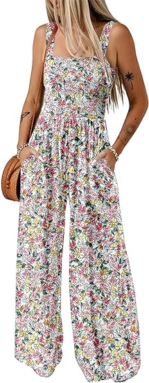 Women's Casual Loose Overalls Jumpsuits One Piece Sleeveless Printed Wide Leg Long Pant Rompers With Pockets