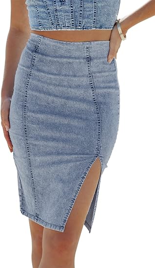 Denim Pencil Skirt High Waisted Knee Length Side Split Hem Stretch Jean Skirts for Women