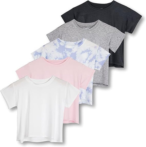 Real Essentials 5 Pack: Women's Dry Fit Crop Top - Short Sleeve Crew Neck Stretch Athletic Tee (Available in Plus Size)