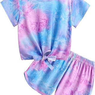 Toddler Girls 2Pcs Summer Outfits Kids Cute Print Clothes Tie Knot Crop Tops and Causal Sport Shorts Set 1-6T