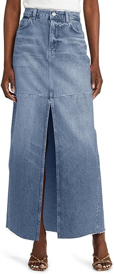 Women's High Waisted Denim Maxi Skirts Frayed Hem Split Jean Skirts with Pockets