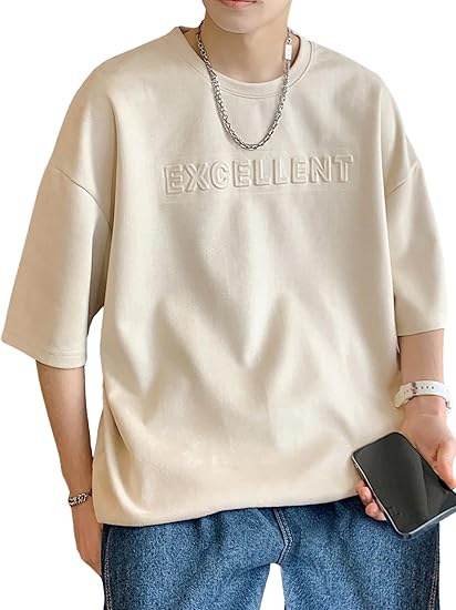 Men's Letter Embossed Drop Shoulder T Shirt Half Sleeve Oversized Tee Top