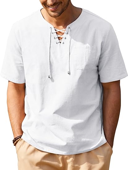 Men Casual Cotton Linen T Shirt Short Sleeve Beach Lace Up Hippie Shirt Yoga Renaissance Tunic