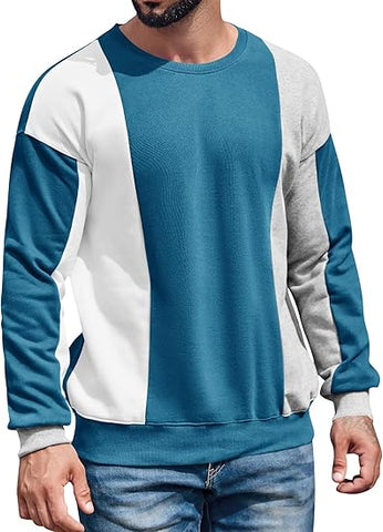 Mens Color Block Sweatshirt Pullover Crewneck Long Sleeve Fleece Casual Ribbed Patchwork Fall Tops