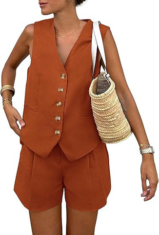 Womens 2 Piece Suits Set Button Down V Neck Vest Sleeveless Tops And Pockets Shorts Trendy