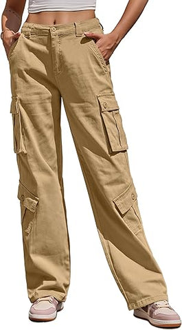 Women Pants High Waisted Cargo Pants Combat Military Trousers Wide Leg Casual Pants 8 Pockets