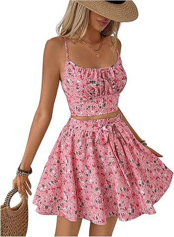 Women's Two Piece Outfit Vacation Floral Camisole Top with Belt Skirts Set