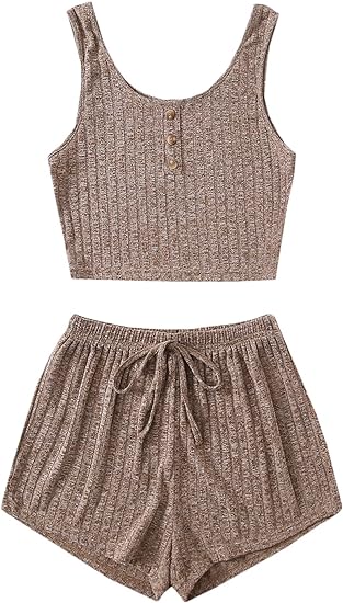 Women's Button Front Ribbed Knit Tank Top and Shorts Pajama Set Sleepwear Lounge Sets