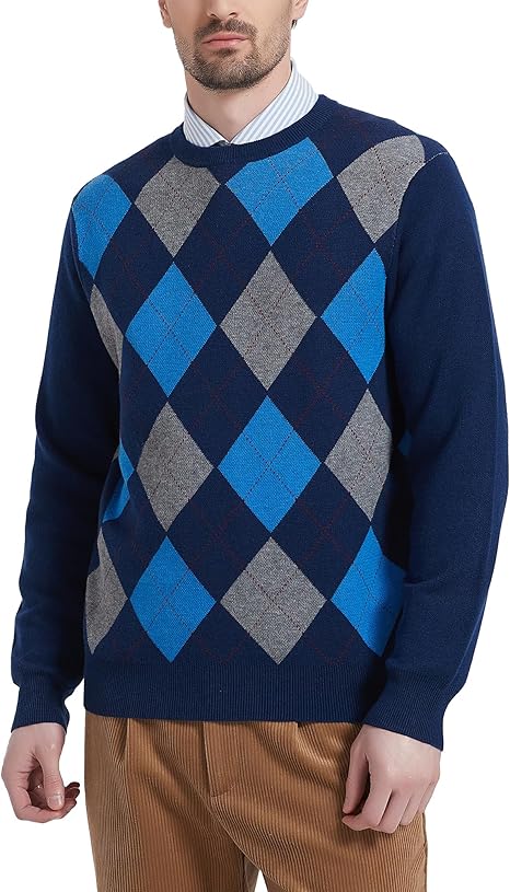 Men's Wool Blend Crewneck Sweater Argyle Long Sleeve Pullover Sweater for Casual Or Dressy Wear