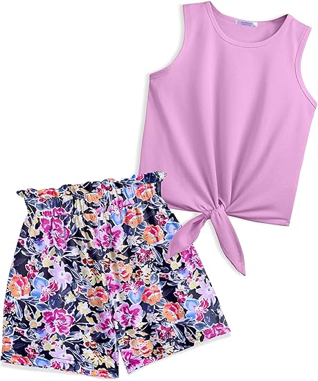 Arshiner Girl's 2 Piece Outfits Tie Knot Tank Top and Paperbag Waist Pocketed Summer Short Sets