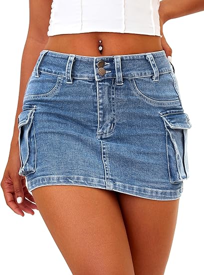 High Stretchy Cargo Skirt for Women, Low Waist Y2k Mini Skirt Cute Denim Skirt with Pockets